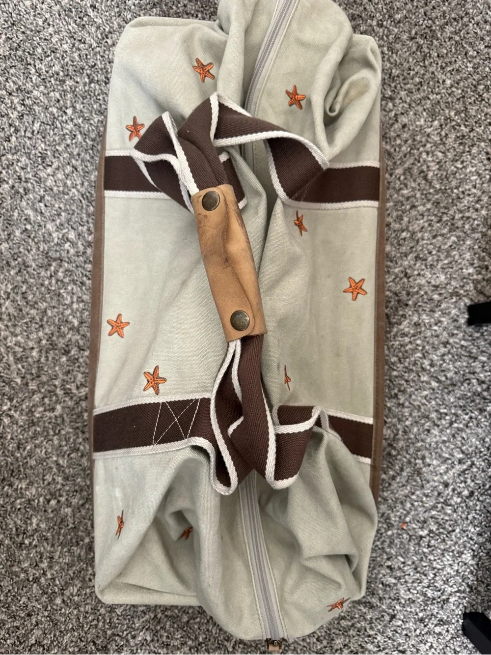 L.L. Bean Cream Canvas Duffel with Brown Straps and Orange Star Accents